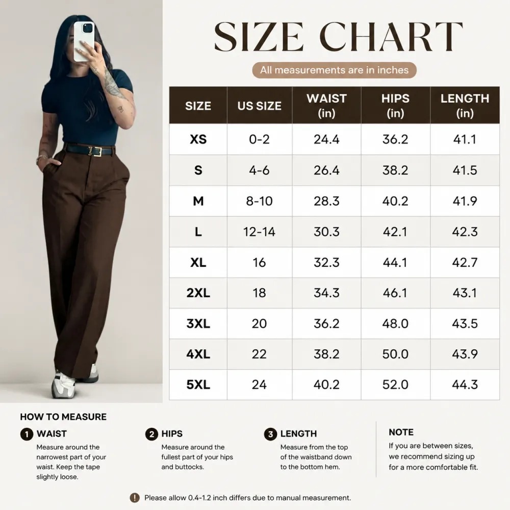 Size chart XS to 5XL with waist, hips and length in inches