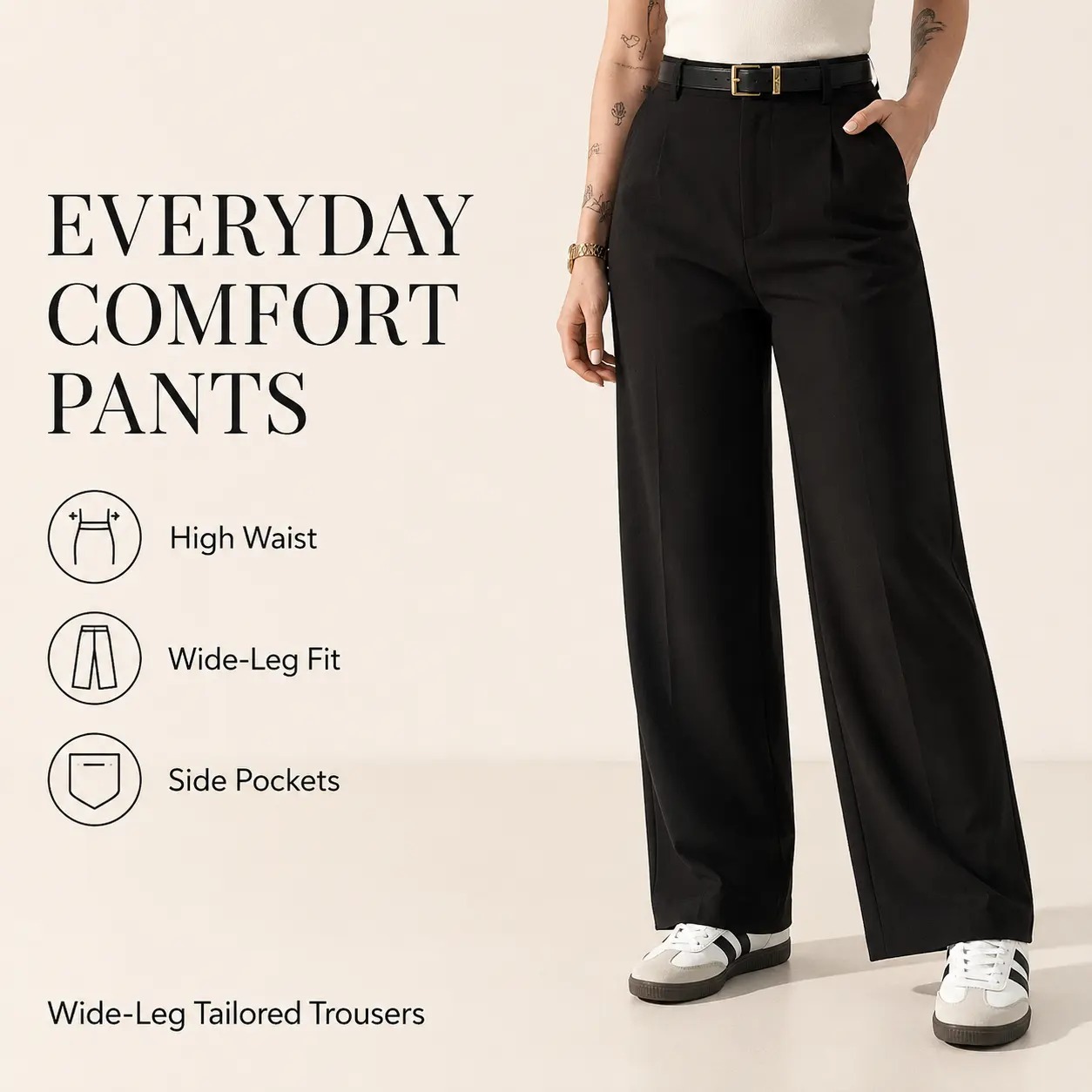 Woman wearing black high waisted wide leg trousers