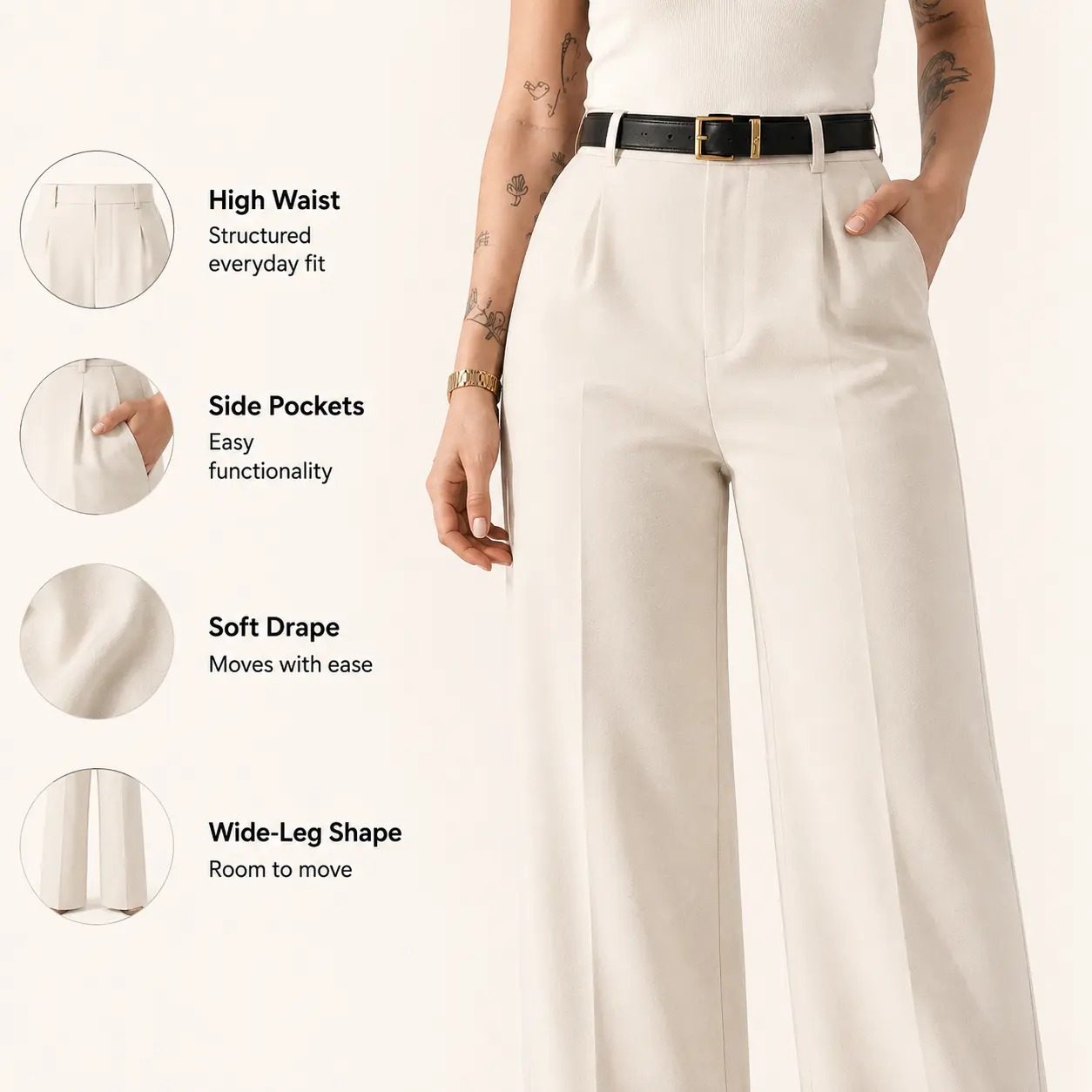 Close-up details: high waist, side pockets, soft drape and wide-leg shape