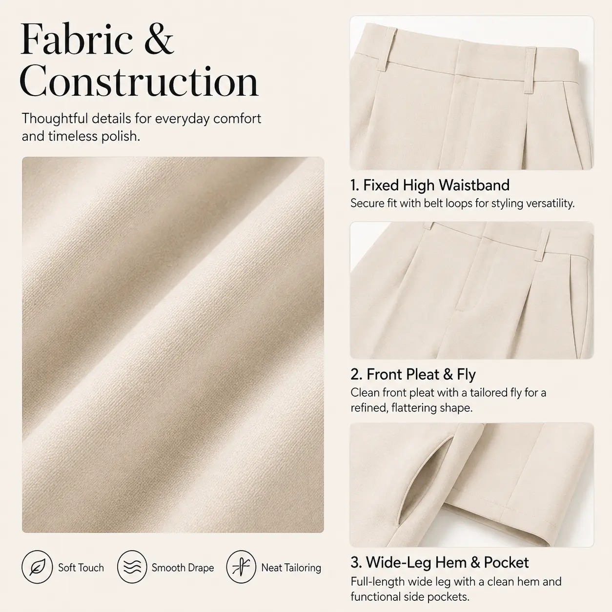 Fabric and construction: fixed high waistband, front pleat and wide-leg hem with pocket