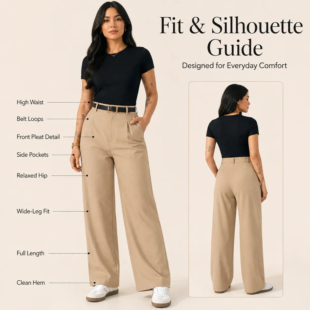 Fit and silhouette guide showing high waist, belt loops, front pleat, side pockets and wide leg fit
