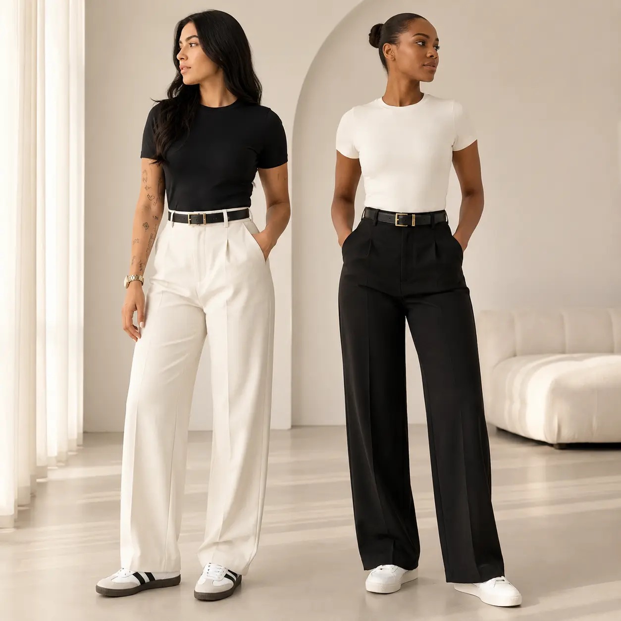 Two models wearing wide leg trousers in white and black with simple tees