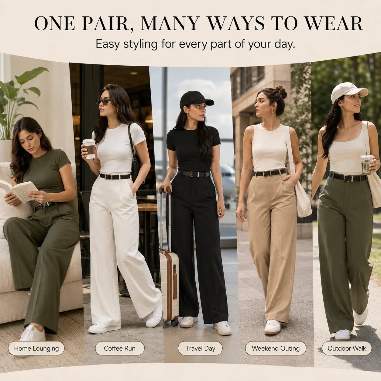Wide leg trousers styled for home lounging, coffee run, travel day, weekend outing and outdoor walk